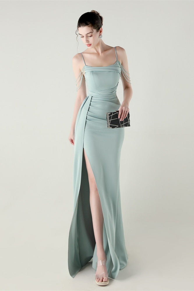 Satin Spaghetti Strap Mermaid Party Dress Light Green / S