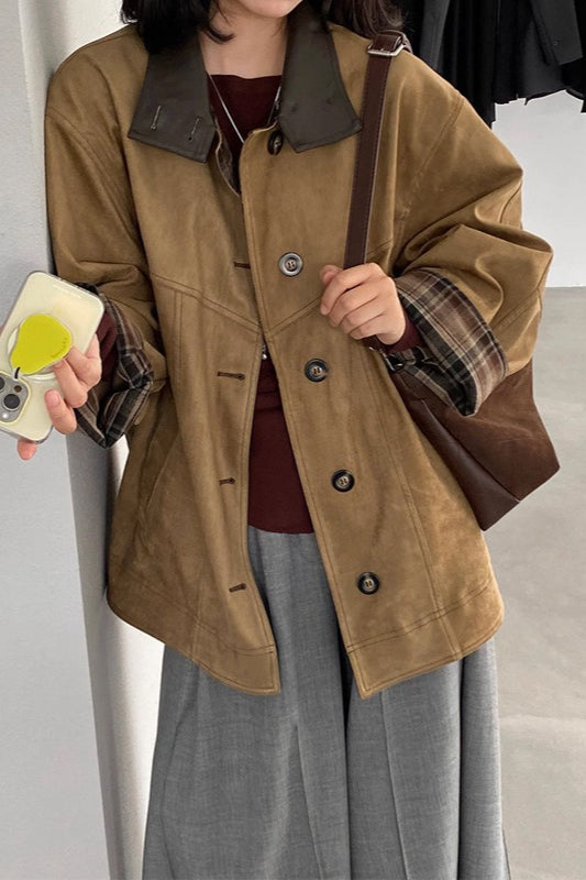 Brown Stand Collar Plaid Suede Jacket
