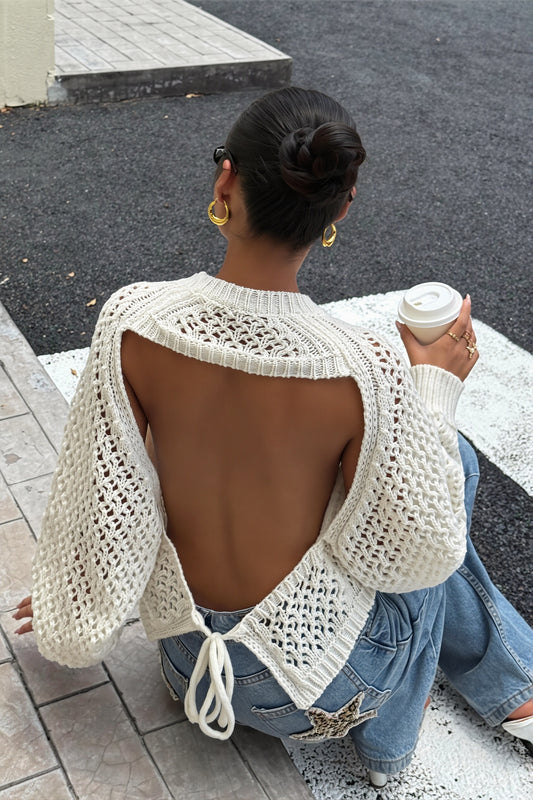 Open Back Tie Detail Crochet Sweater