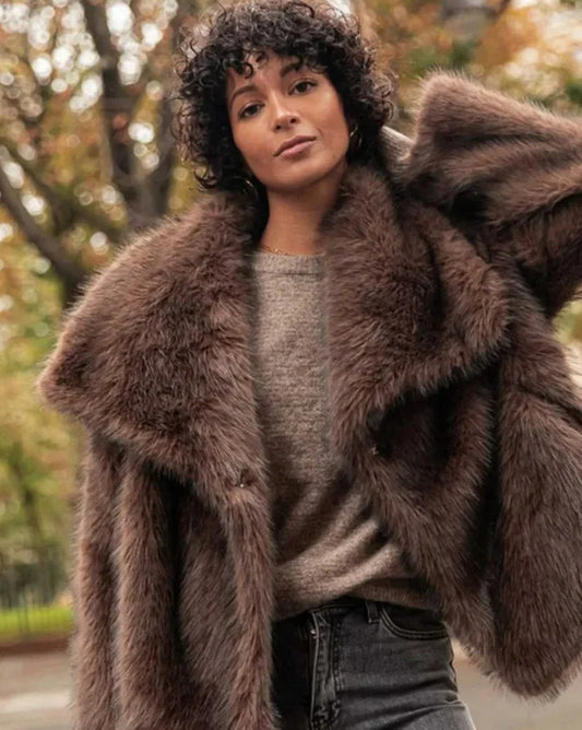 Faux Fur Lapel Autumn Winter Coat