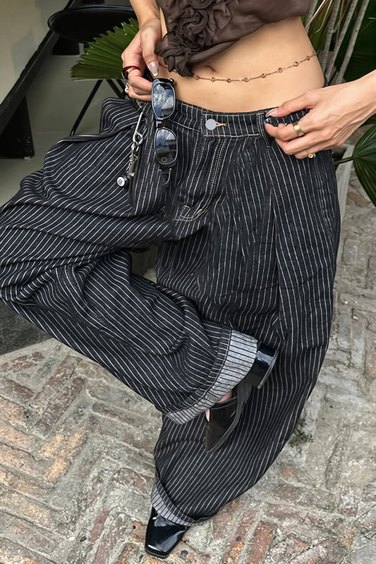 Pinstripe Baggy Wide Leg Jeans