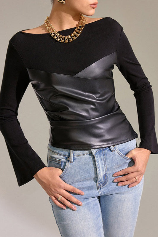Bell-Sleeve Faux Leather Trim Solid Knit Top