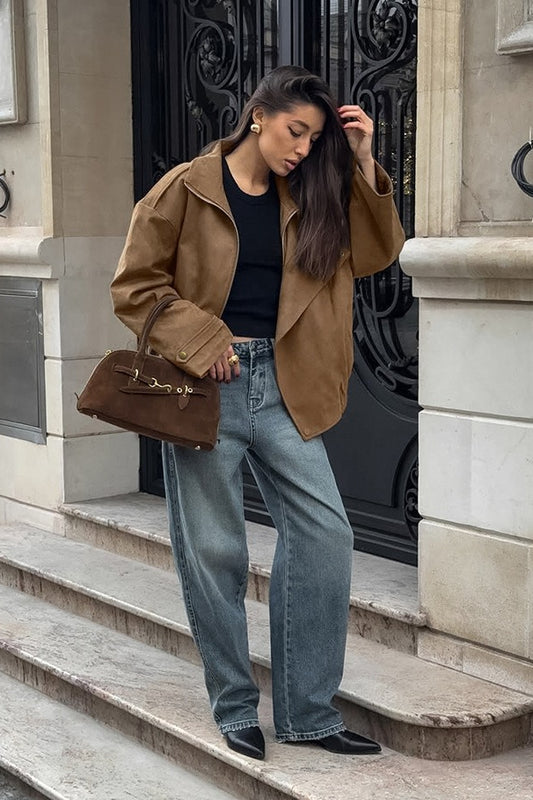 Veste vintage à col en daim kaki