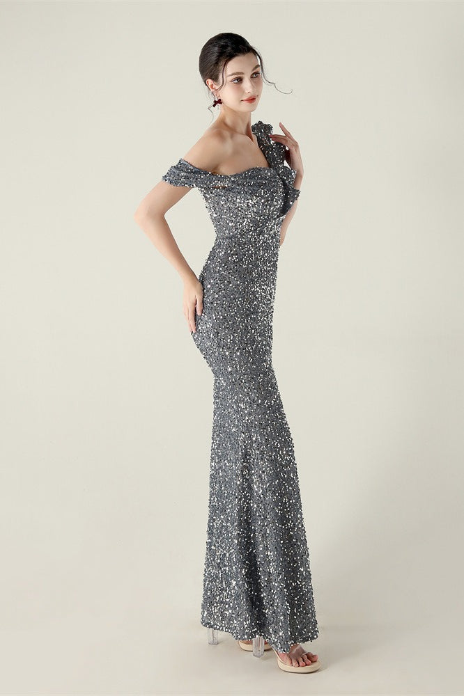 Draped One Shoulder Ruffle Formal Dress