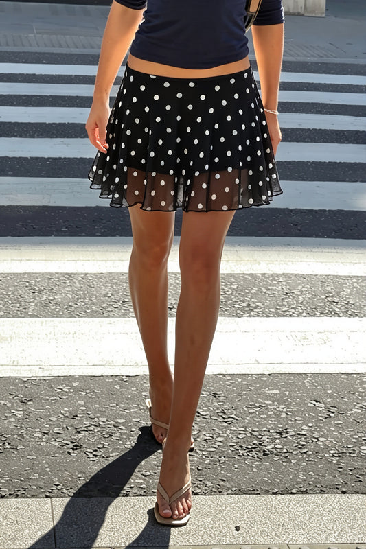 Sheer Ruffle Polka Dot Mini Skirt