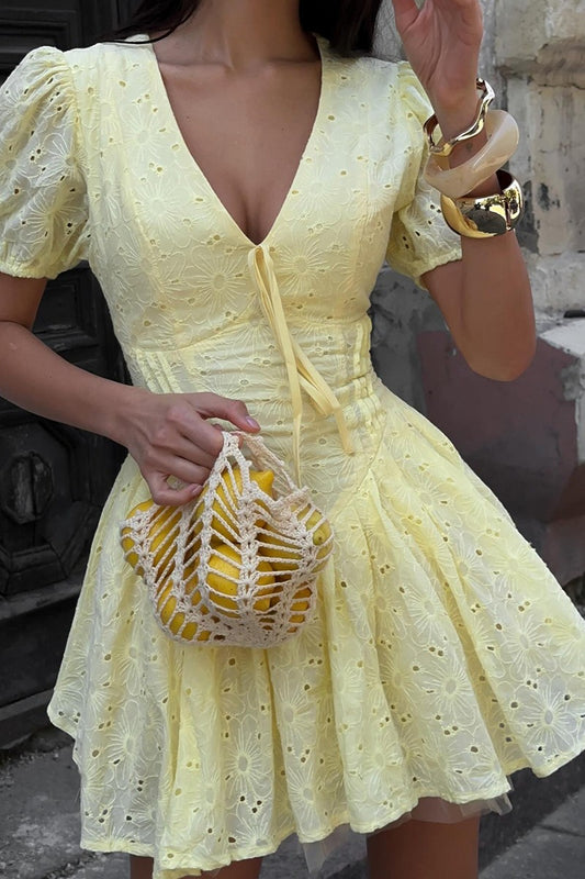 Cotton Yellow Embroidered Tie Waist Mini Dress