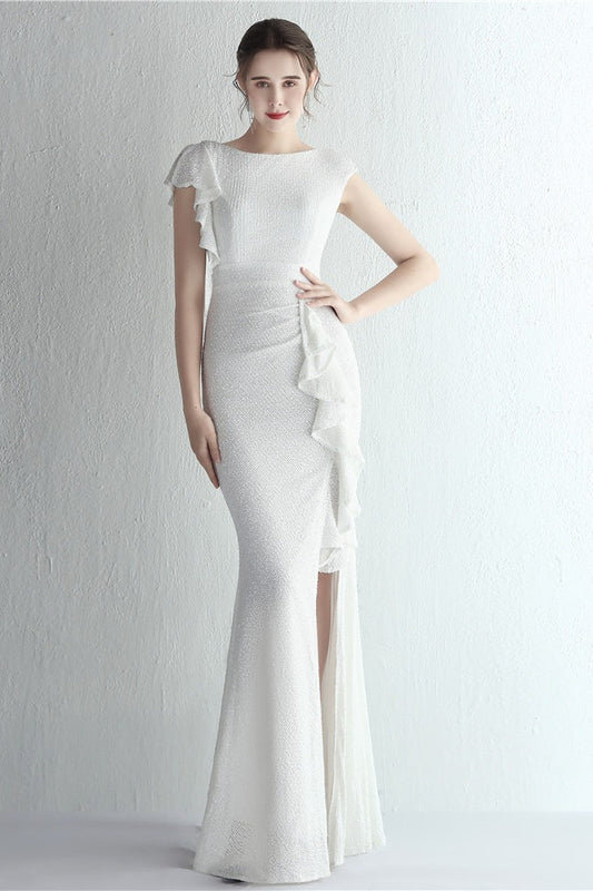 Glitter High Neck Mermaid Slit Formal Dress White / S