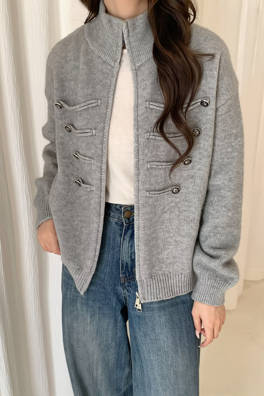 Double Zip Stand Collar Cardigan