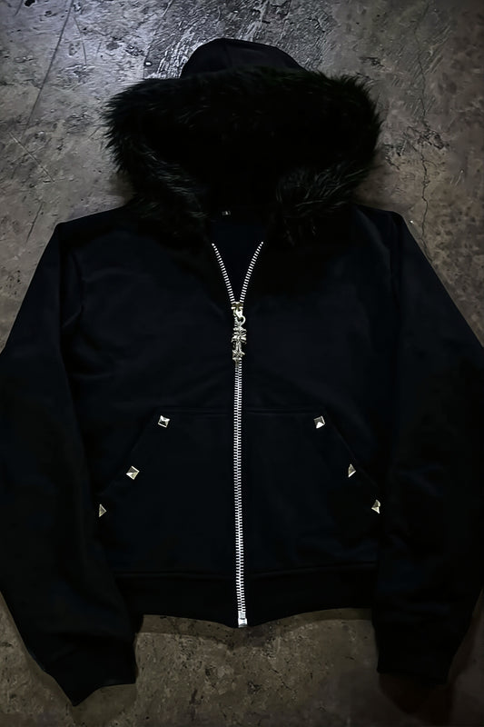 Dark Rivet Pocket Fur Collar Hoodie