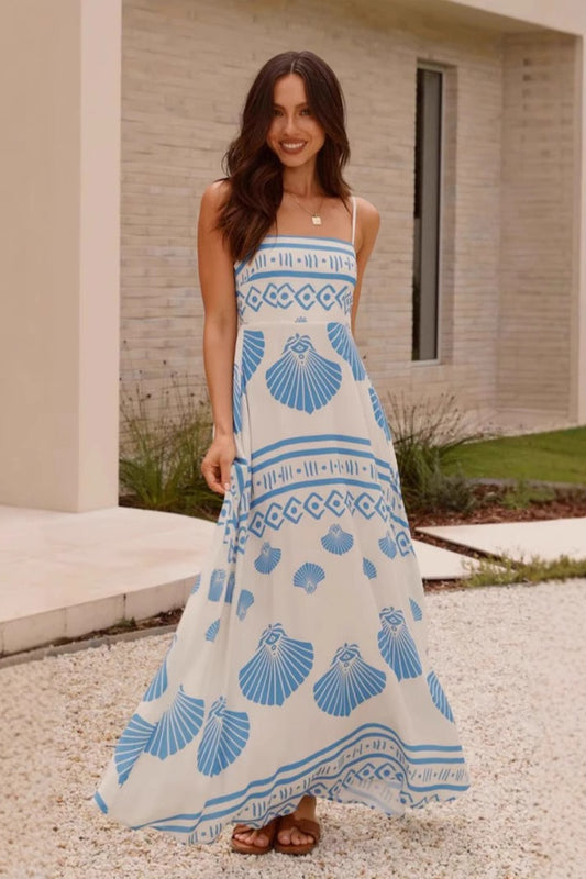 Fließendes Maxikleid mit hoher Taille und Muschelmuster