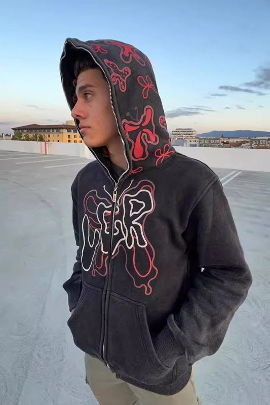 Red Graphic Zip Hoodie