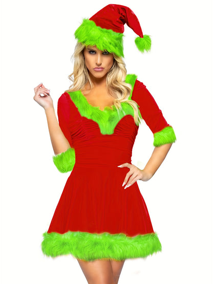 Plush Patchwork Half Sleeve V-Neck Dress for Women Christmas Costume