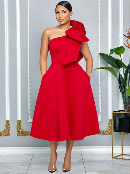 Elegant A Line Pleated One Shoulder Bow Red Christmas Party Dress