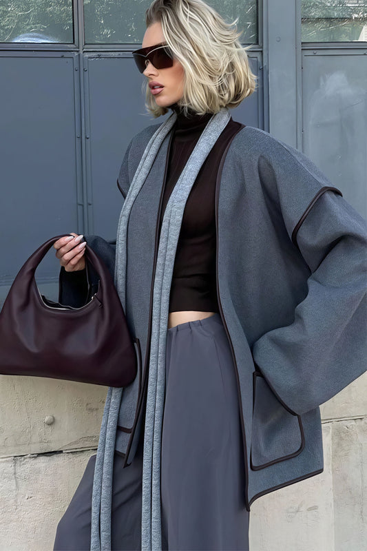Chic Leather Pieced Two-tone Belted Coat