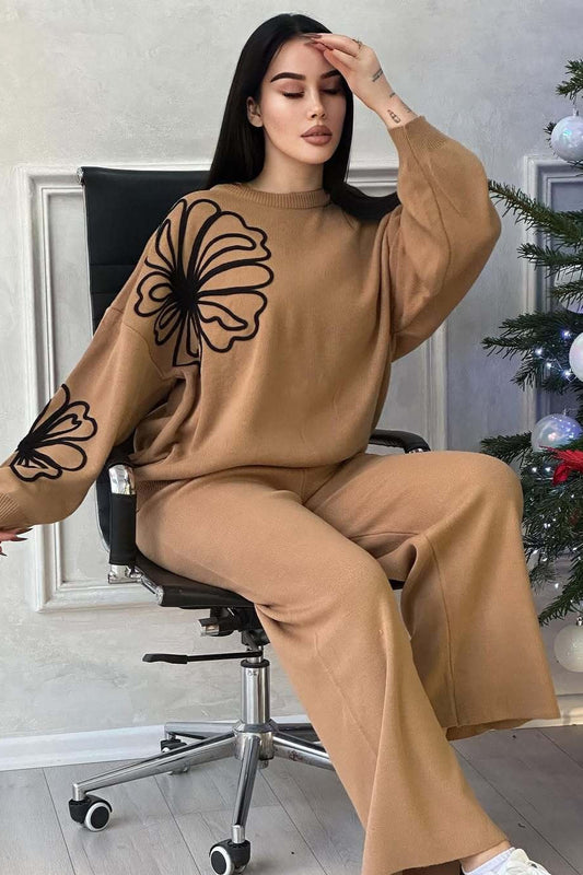 Lässiger Rundhals-Strickpullover mit Hose, zweiteiliges Hosenset