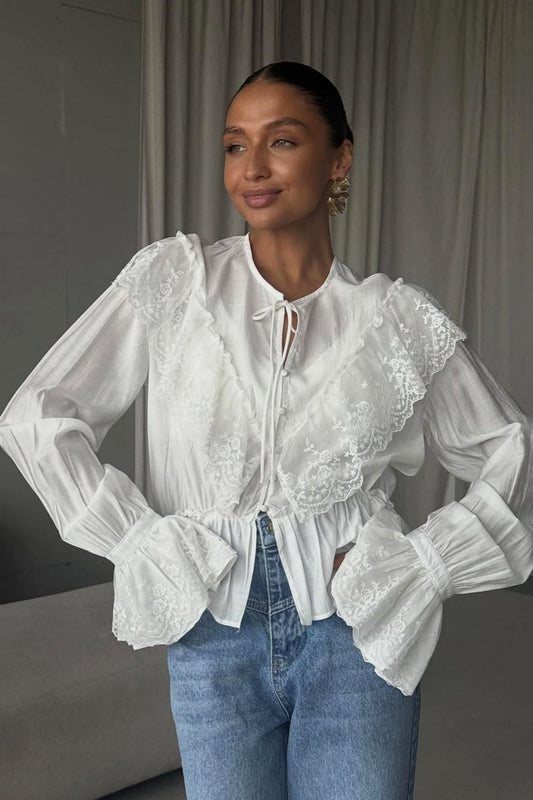 Lace Yoke Ruffle Hem Blouse