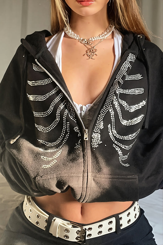 Rhinestone Ribcage Zip Hoodie