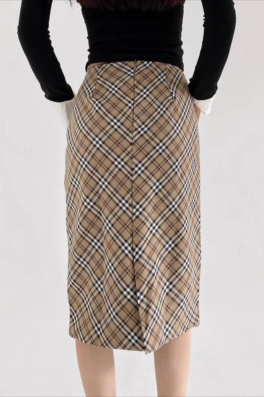 Lace Trimmed Plaid Bodycon Skirt