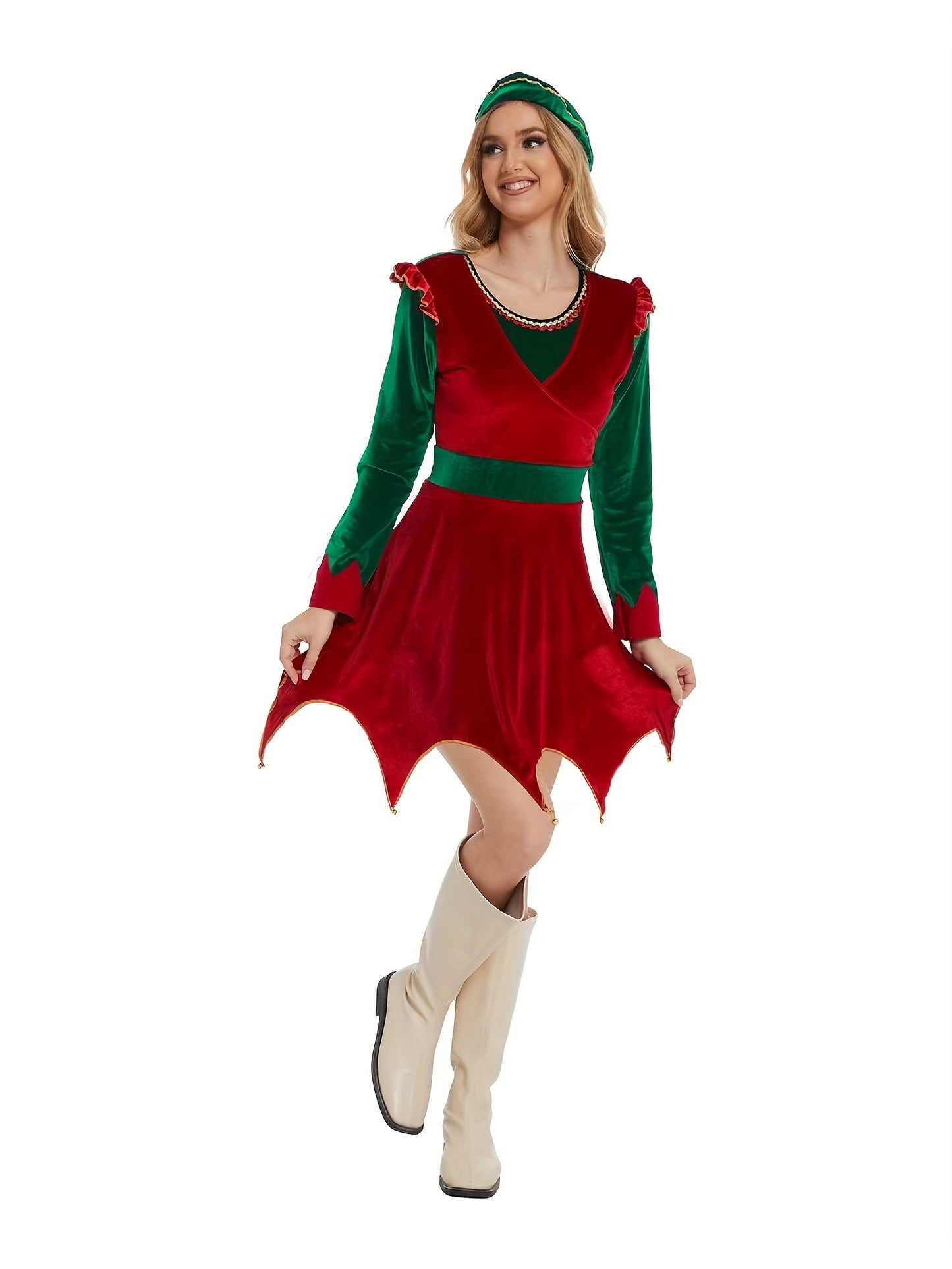 Four-Piece Elf Costume Set with Brooch and Socks for Holiday Attire Christmas Costume