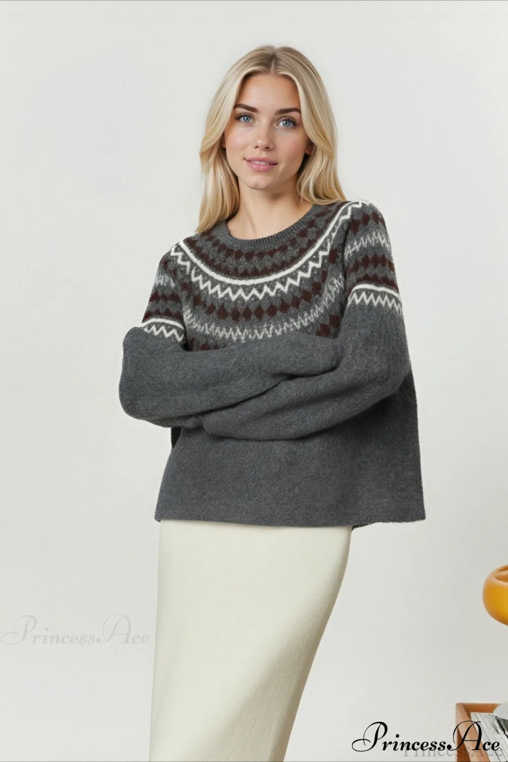 Fair Isle Loose Crewneck Plus Size Knit Sweater