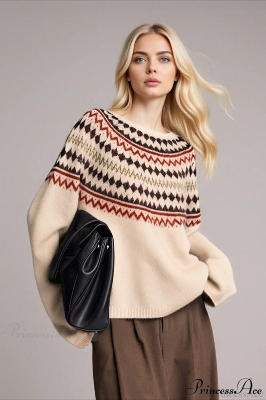 Fair Isle Loose Crewneck Plus Size Knit Sweater Apricot / One Size