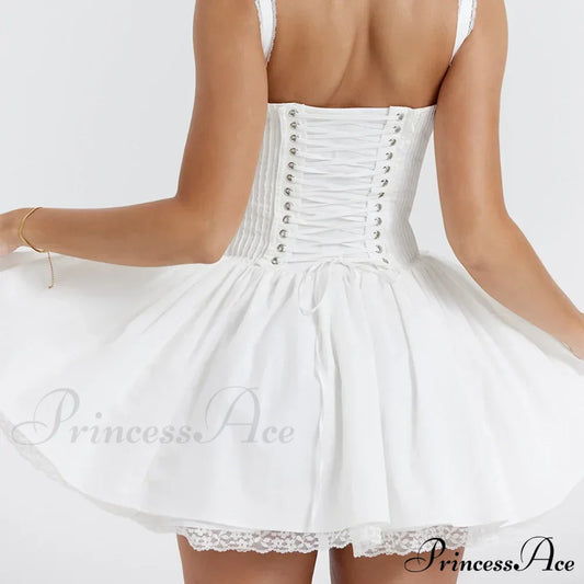 Fairy Grunge Lace Up White Corset Frill Mini Dress