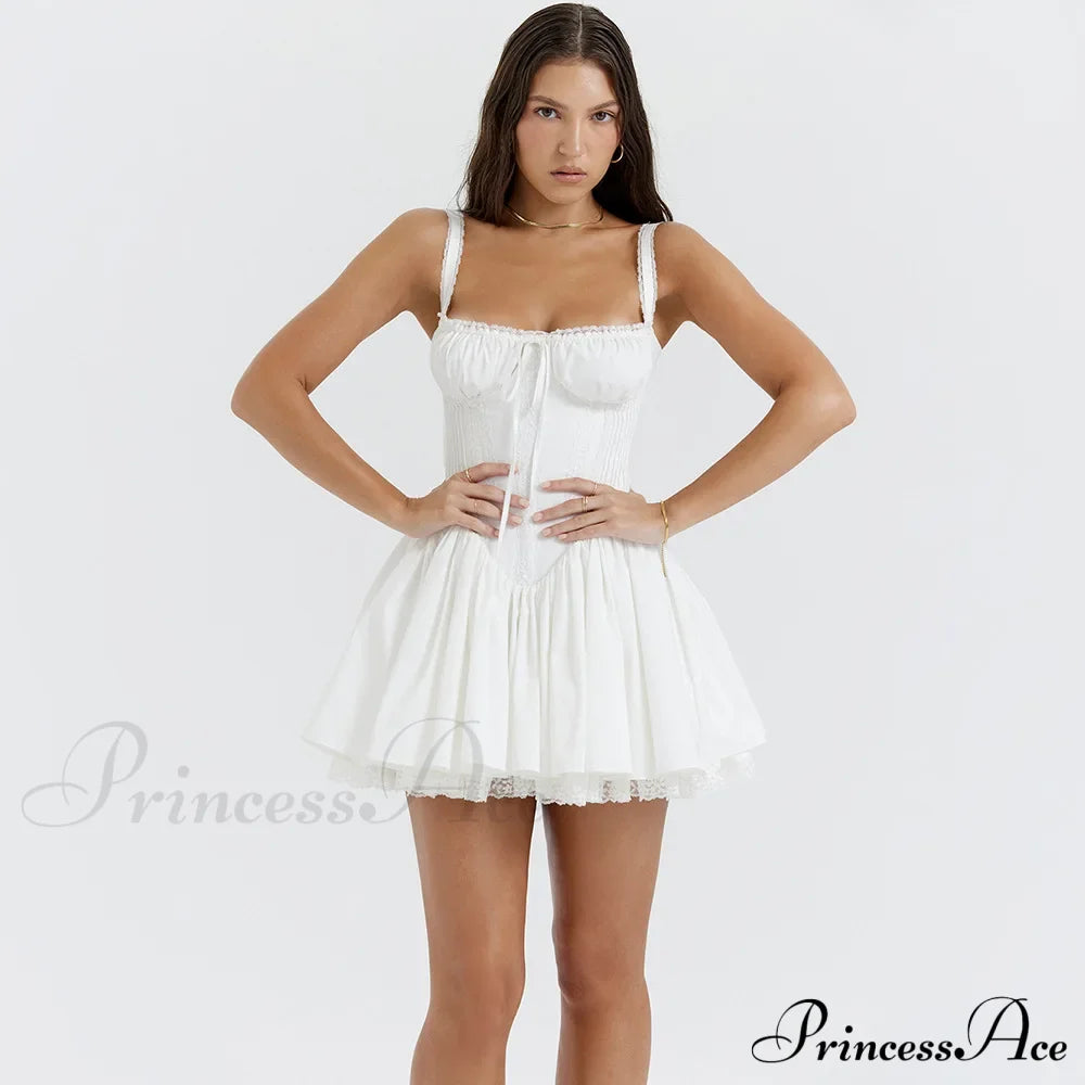 Fairy Grunge Lace Up White Corset Frill Mini Dress