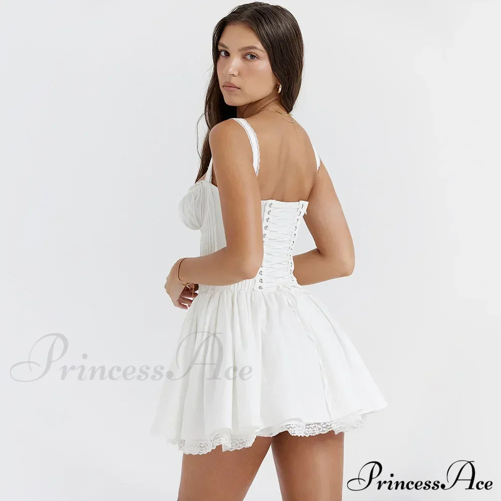 Fairy Grunge Lace Up White Corset Frill Mini Dress