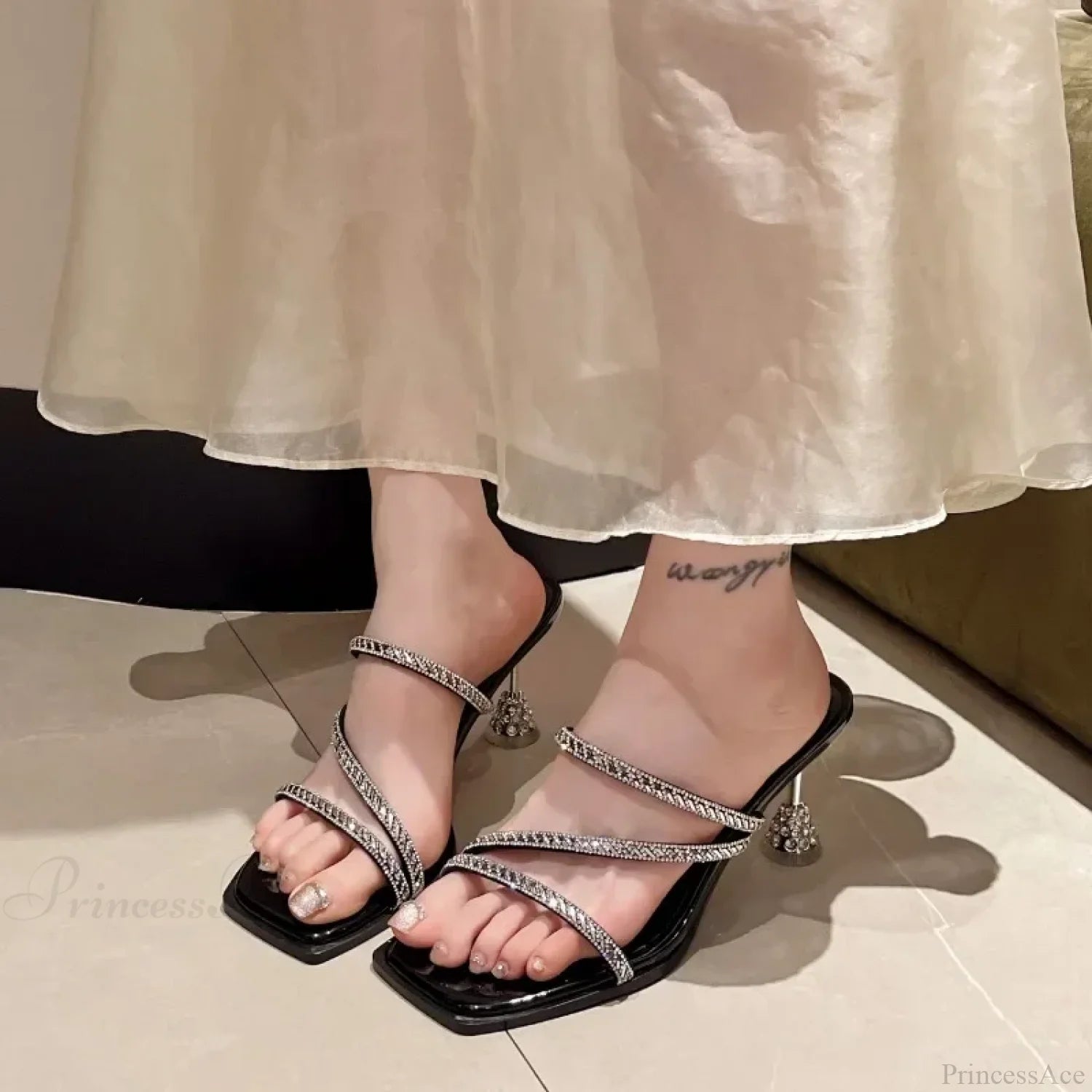 Fairy Style Diamond Sequins Simple Solid Color Women’s Slippers Concert High Heel Black / 35