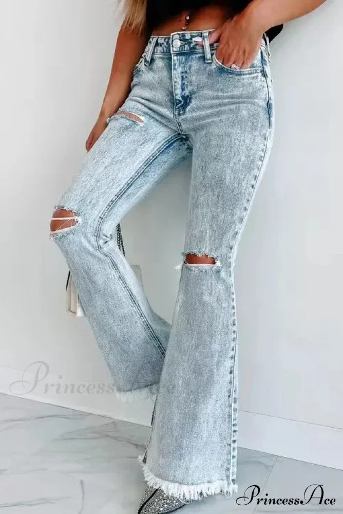 Fall Blue Ripped High Waisted Casual Baggy Denim Street Fashionable Jean