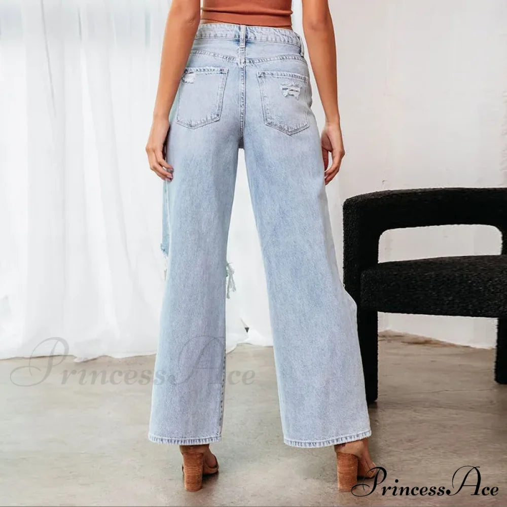 Fall High Waist Ripped New Blue Streetwear Casual Wide Leg Baggy Trendy Fashionable Denim Jean