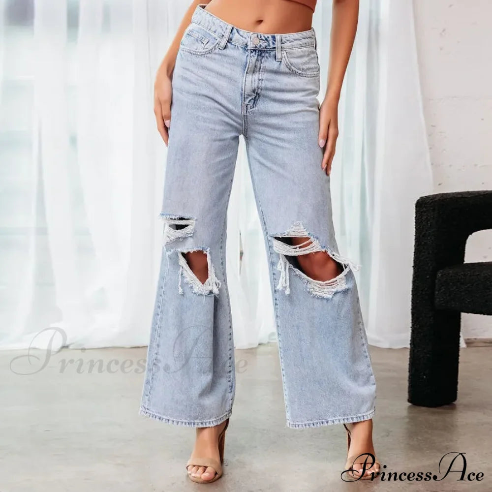 Fall High Waist Ripped New Blue Streetwear Casual Wide Leg Baggy Trendy Fashionable Denim Jean