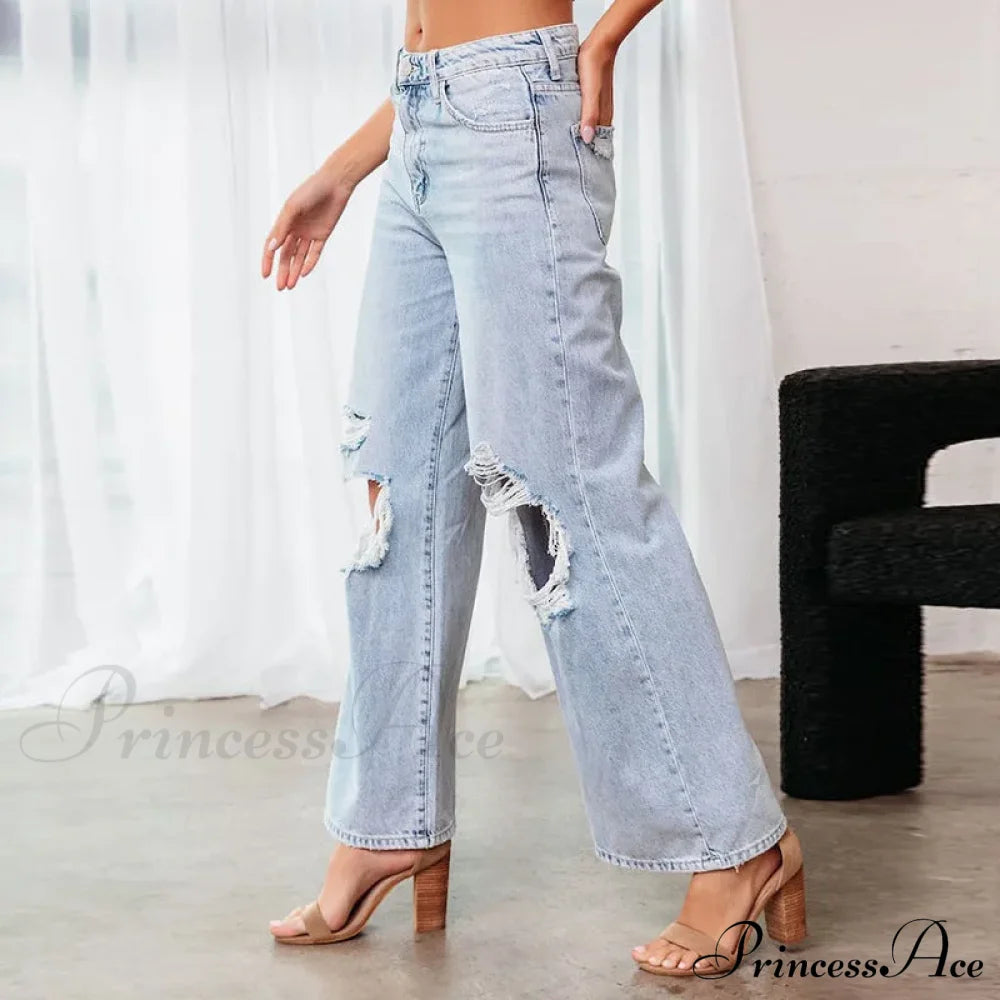 Fall High Waist Ripped New Blue Streetwear Casual Wide Leg Baggy Trendy Fashionable Denim Jean