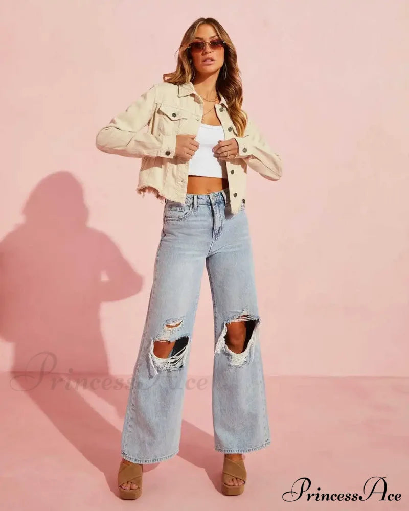 Fall High Waist Ripped New Blue Streetwear Casual Wide Leg Baggy Trendy Fashionable Denim Jean