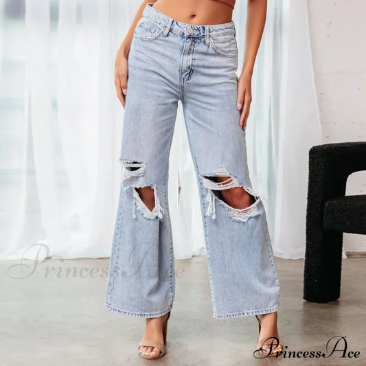 Fall High Waist Ripped New Blue Streetwear Casual Wide Leg Baggy Trendy Fashionable Denim Jean / S