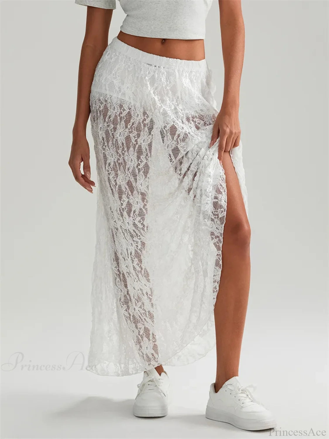 Fall Long Maxi Skirt Elastic Waist Lace Floral Casual Skirt skirt-250126