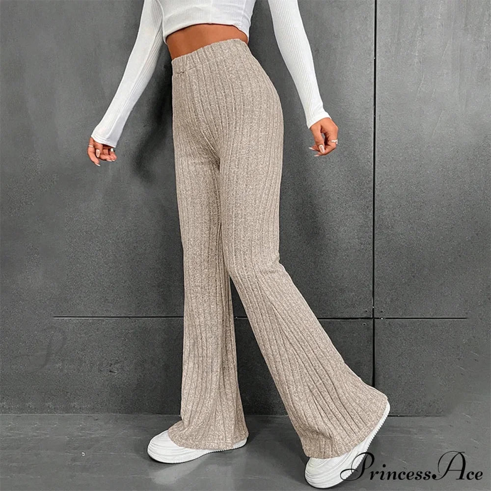 Fall New Solid Wide Pit Stripe Casual Knitted Warm Streetwear Pants Khaki / S