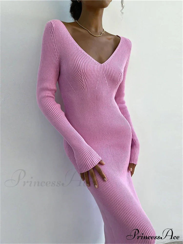 Fall Winter Knit Rib Long Sleeve V Neck Backless Midi Dress