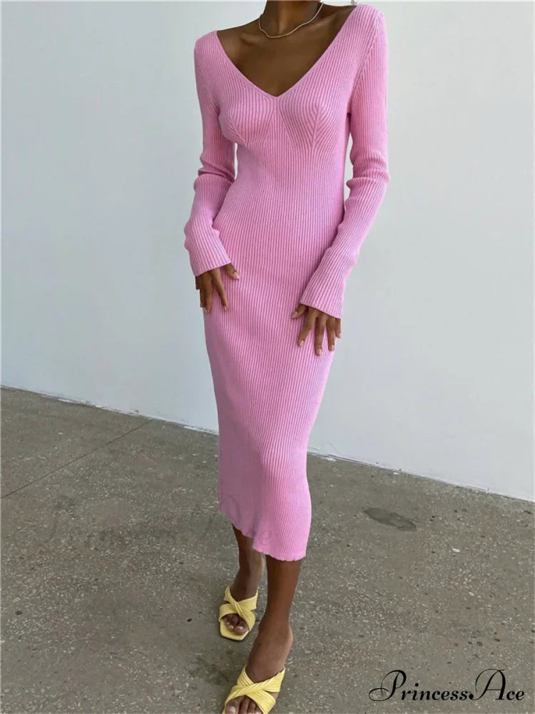 Fall Winter Knit Rib Long Sleeve V Neck Backless Midi Dress