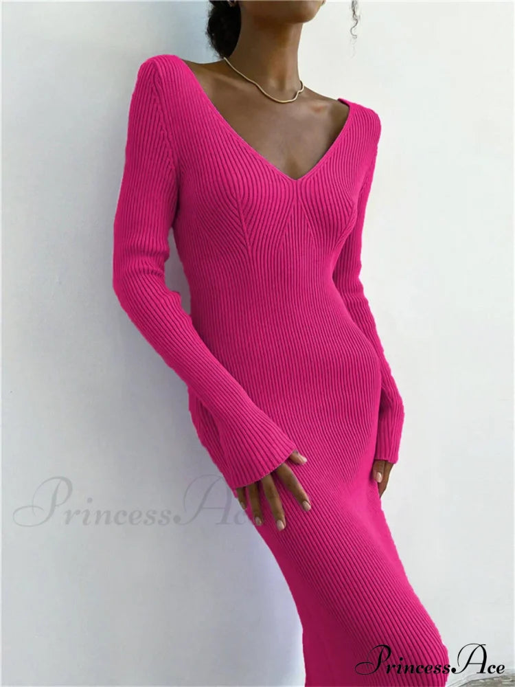 Fall Winter Knit Rib Long Sleeve V Neck Backless Midi Dress