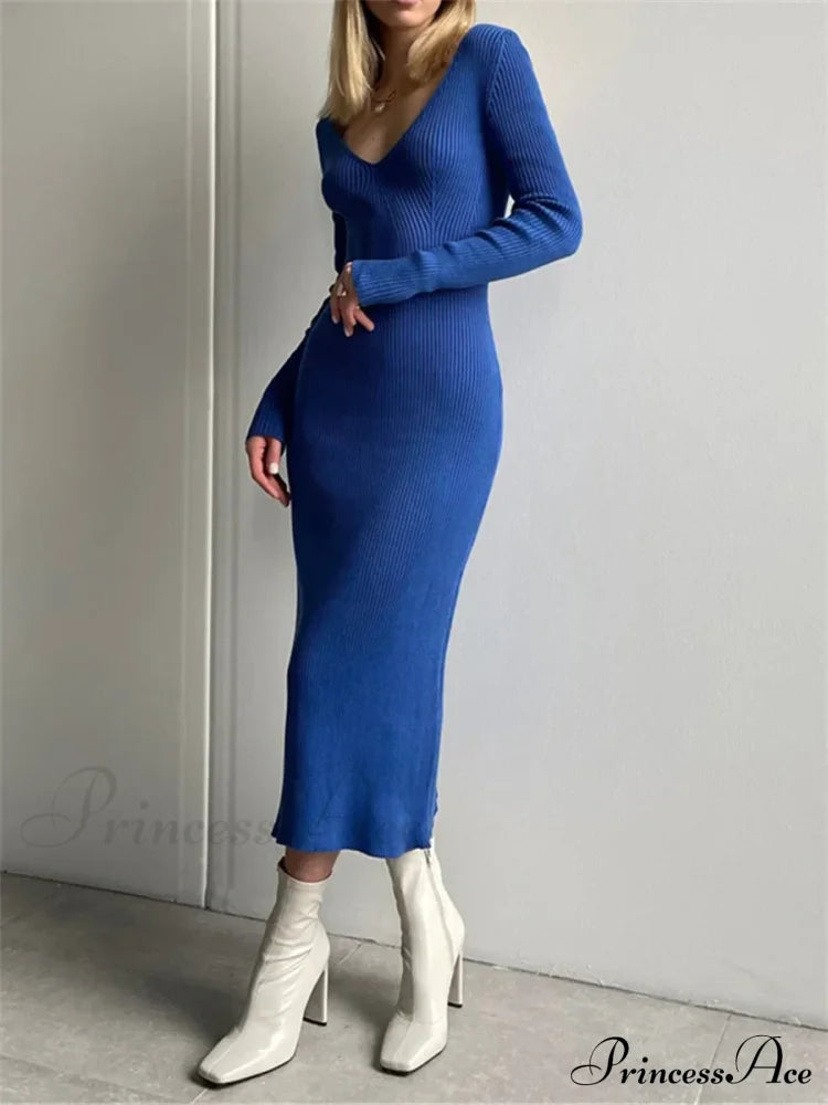 Fall Winter Knit Rib Long Sleeve V Neck Backless Midi Dress Blue / S