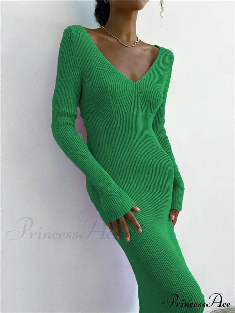 Fall Winter Knit Rib Long Sleeve V Neck Backless Midi Dress Green / S