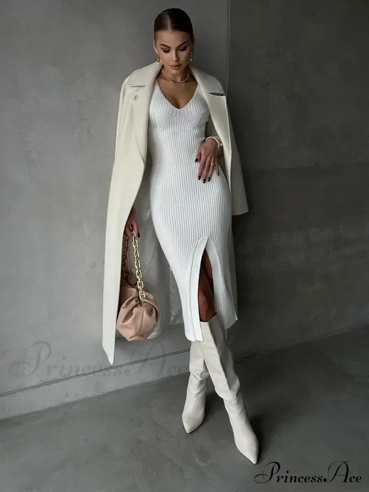 Fall Winter V-Neck Knitted Party Slit Long Sleeve Sweaters Midi Dress