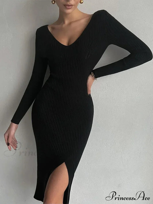 Fall Winter V-Neck Knitted Party Slit Long Sleeve Sweaters Midi Dress Black / S