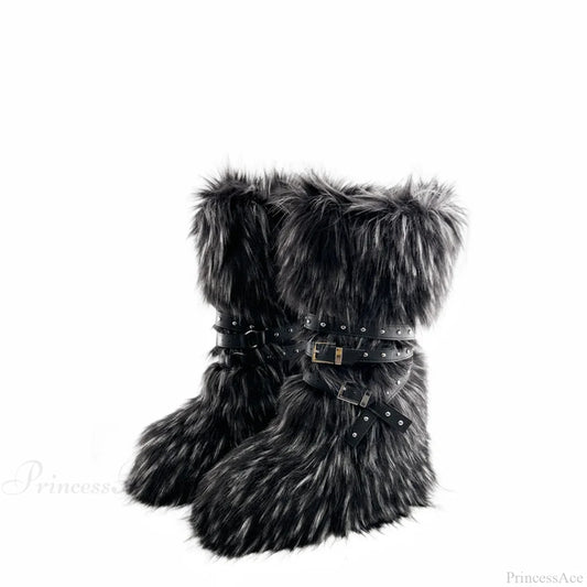 False Hair Wedge Platform Brown Gothic Winter Knee Boot black / 36