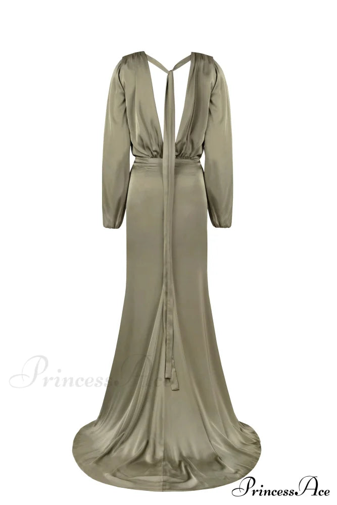 Fancy Olive Silk Charming Maxi Evening Dress