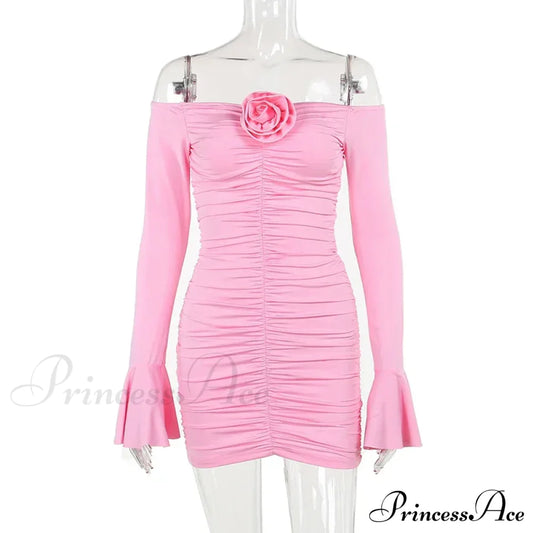 Fashion 3D Flower Pleated Mini Elegant Flare Sleeve 2024 Ladies Party Club Bodycon Dress Pink / S