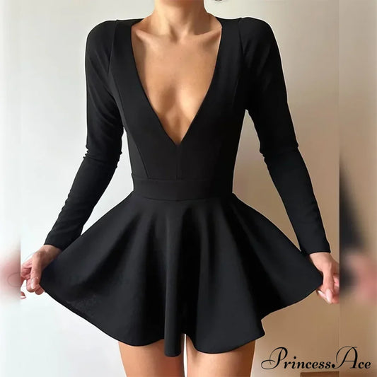 Fashion Backless V Neck A-Line Mini Dress Black / S