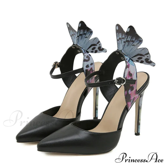 Fashion Butterfly Ankle-Strap Pointed-Toe 12Cm Stiletto Pumps Sexy Party Prom High Heel Black / 35