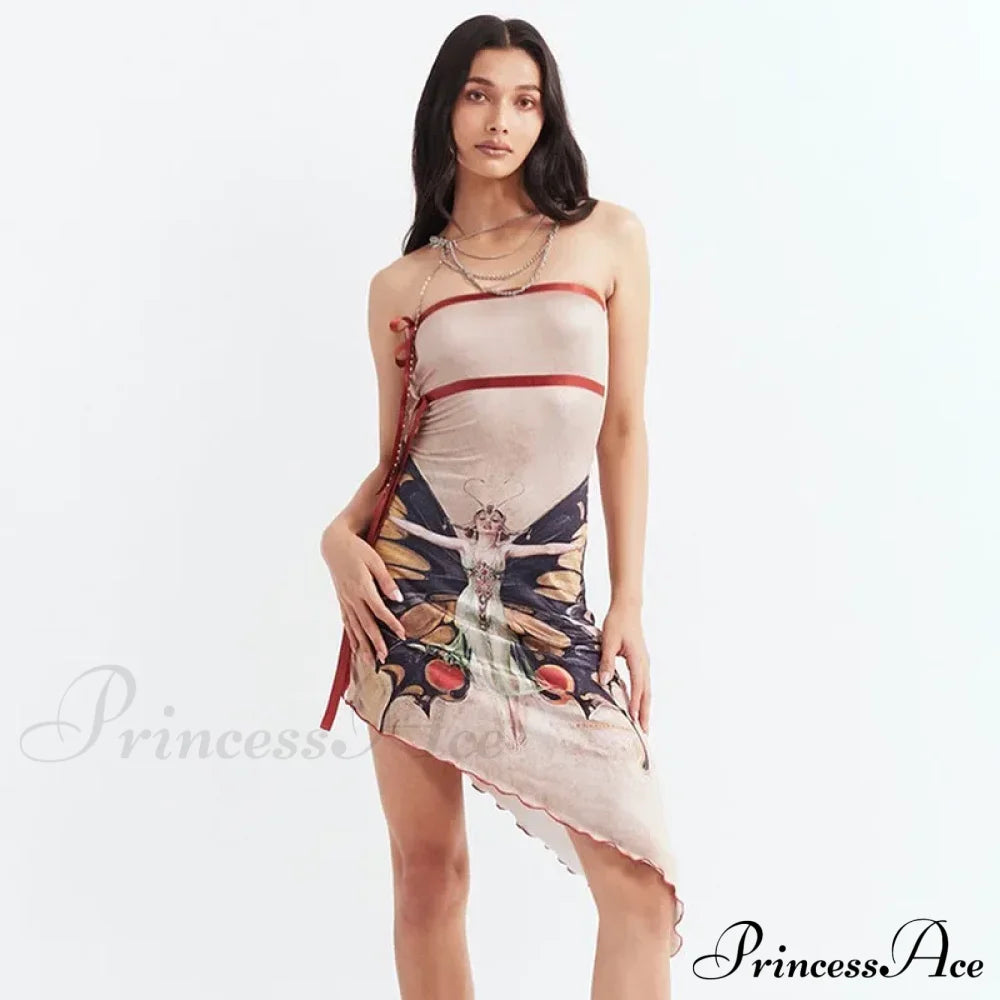 Fashion Butterfly Print Sexy Strapless Mini Dress